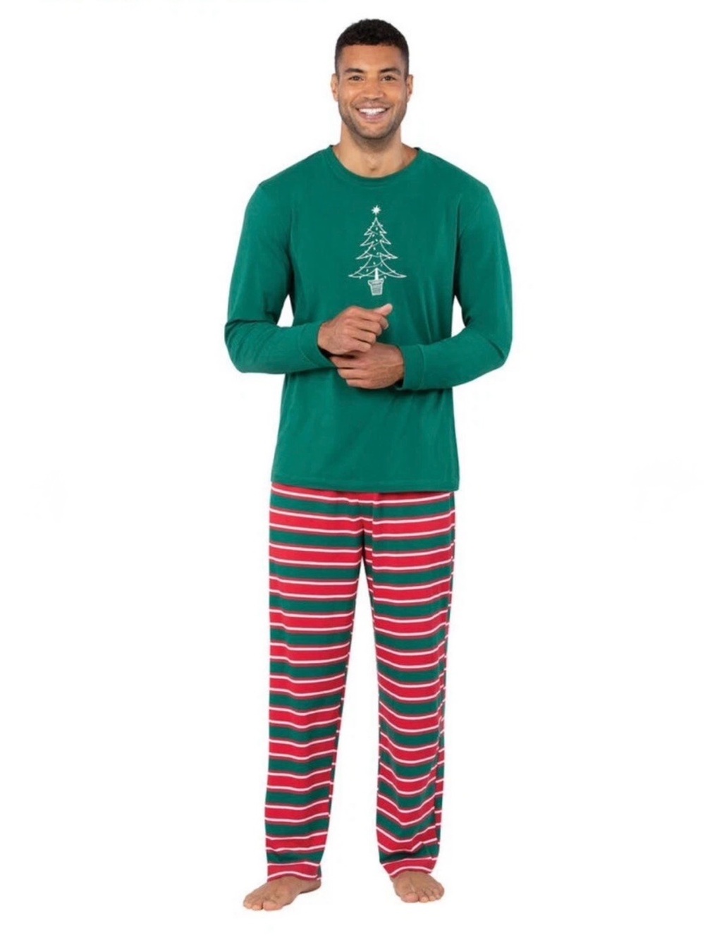 PajamaGram Men’s Christmas Tree Pajama Set Green Red Striped Large